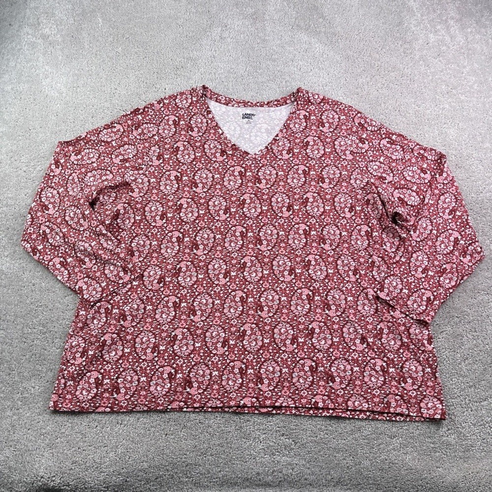 Lands End Shirt‎ Womens 3X Plus Red Paisley V Neck Long Sleeve Cotton Boho